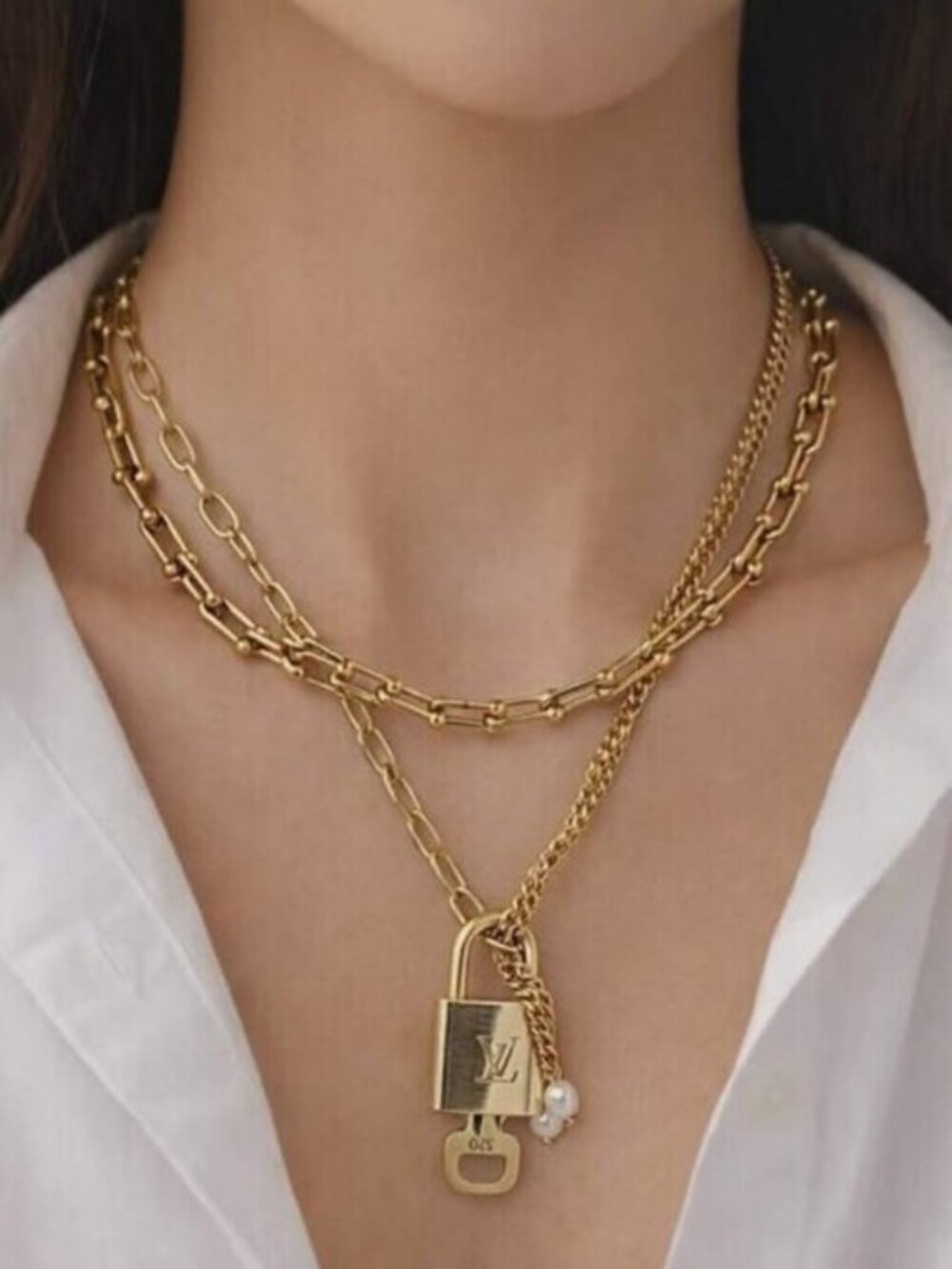 Double Chain Necklace with Authentic Louis Vuitton Padlock Pendant & Fresh Pearl